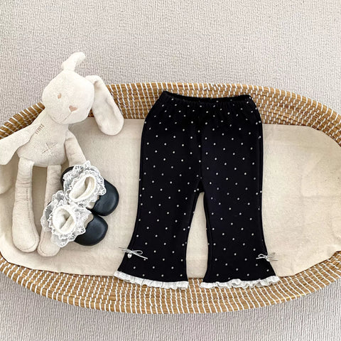 Girls Polka Dot Lace Trim Flare Pants