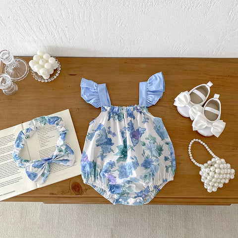 Girls Blue Floral Onesie or 3 Pc Shorts Set
