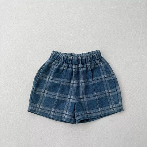 Boys Wide Denim Plaid Shorts