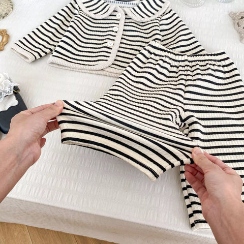 2 Pc Girls French Stripe Cardigan Wide Pants Set