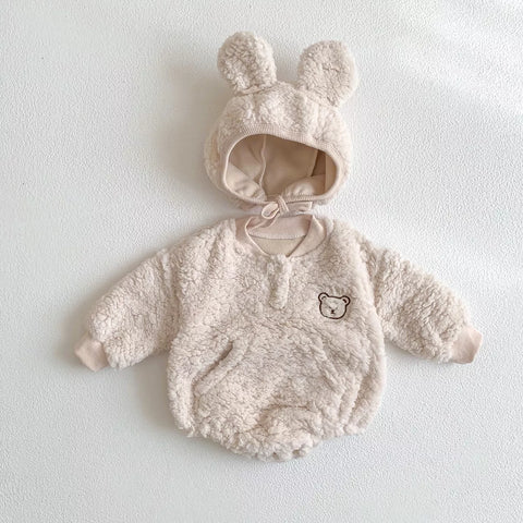 Baby Sherpa Fleece Bear Bodysuit with Hat
