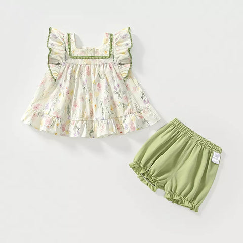2 Pc Girls Wild Flower Square Neck Top & Shorts Set