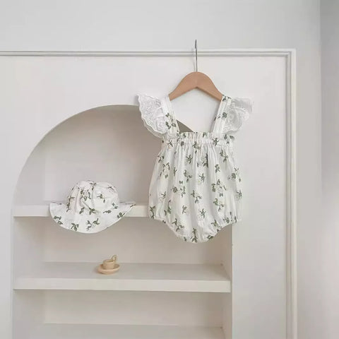 2 Pc Baby Girl Leaf Print Bodysuit with Hat