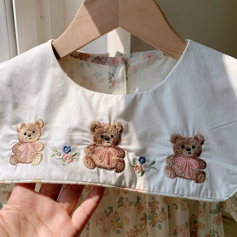 Girls Vintage Style Bear Print Square Collar Dress