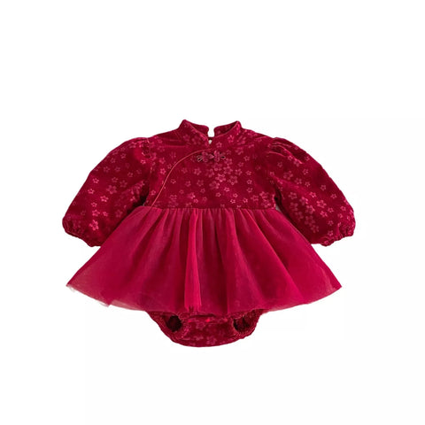 Baby Girl Fleece Lined Cheongsam Floral Tulle Bodysuit