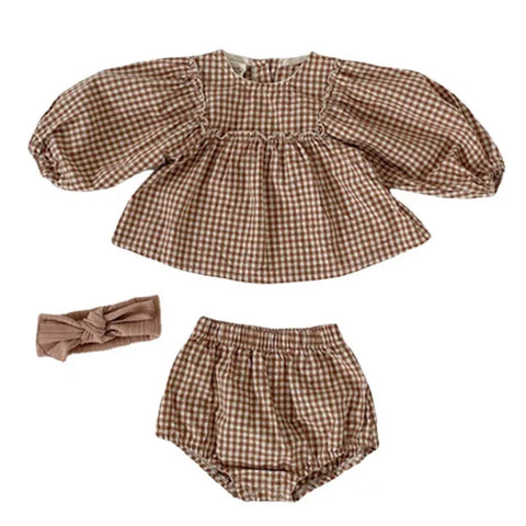 2 Pc Baby Girl Gingham Puff Sleeve Shirt & Shorts
