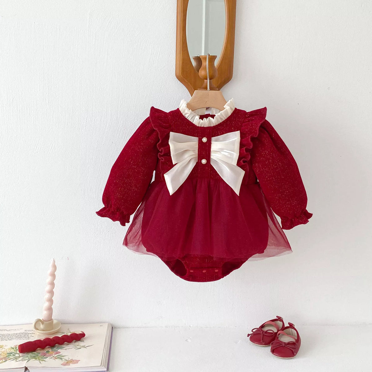 Baby Girls Tweed Satin Bow Detail Bodysuit Dress