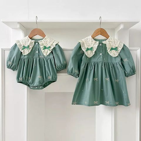 Girls Mini Bow Detail Peter Pan Collar Dress/Bodysuit
