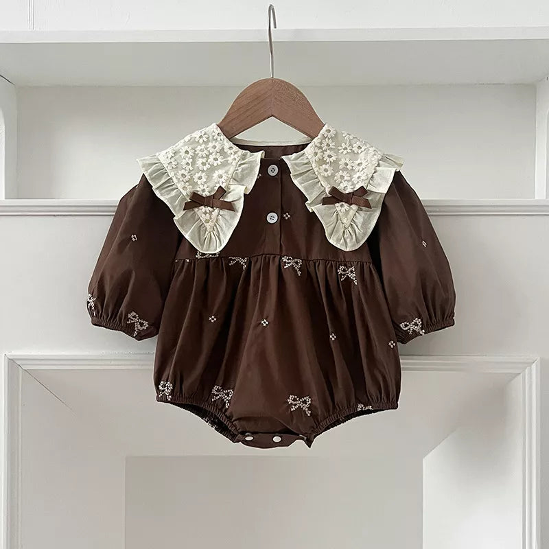 Girls Mini Bow Detail Peter Pan Collar Dress/Bodysuit