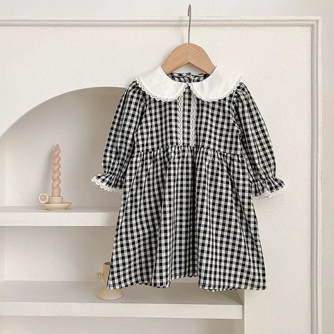 Girls Long Sleeve Gingham Collar Dress/ Bodysuit
