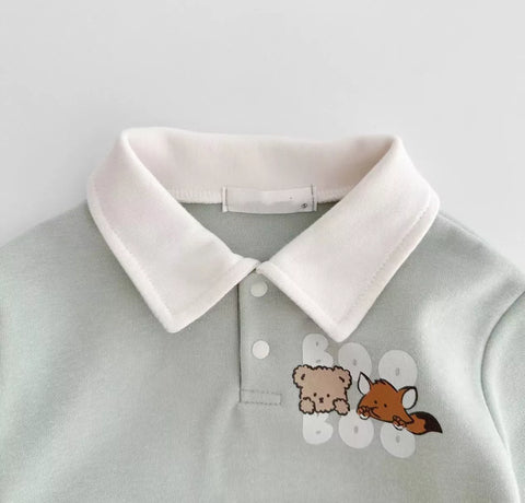 Baby Boy Bear & Fox Print Polo Bodysuit