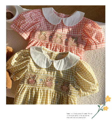 Girls Gingham Smocked Bodice Bear Collar Dress