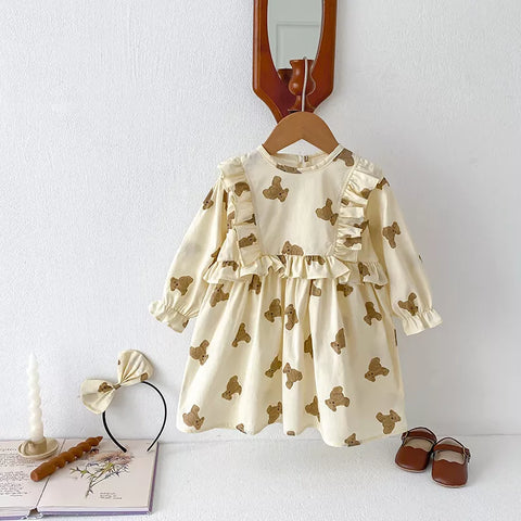 2 Pc Girls Long Sleeve Bear Print Dress/Bodysuit