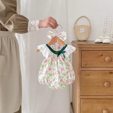 2 Pc Girls Tulip Print Dress/Bodysuit with Headband