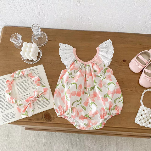 2 Pc Girls Tropical Floral Print Dress/Bodysuit with Headband