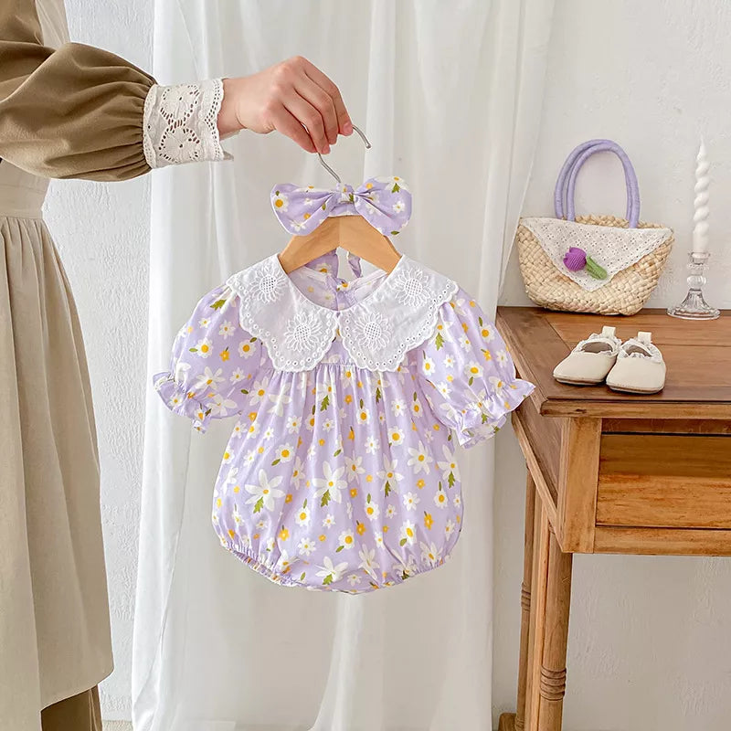 2 Pc Girls Bubble Sleeve Daisy Print Bodysuit/Dress