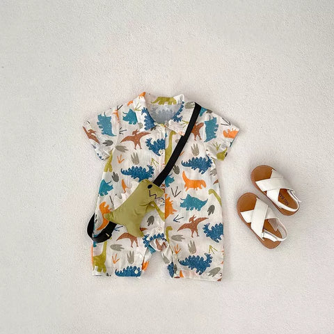 2 Pc Baby Boy Dinosaur Faux Bag Romper