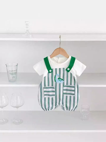 2 pc Baby Boy Stripe Dinosaur Overalls & Tee Set