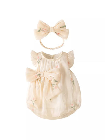 2 Pc Baby Girl Satin Bow Tulip Bodysuit with Headband