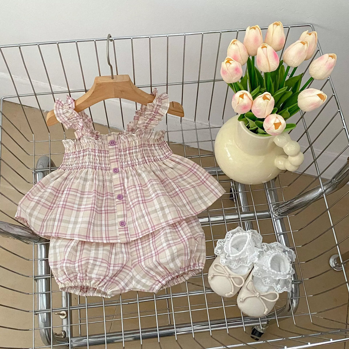 2 Pc Baby Girl Plaid Smock Cami & Shorts Set