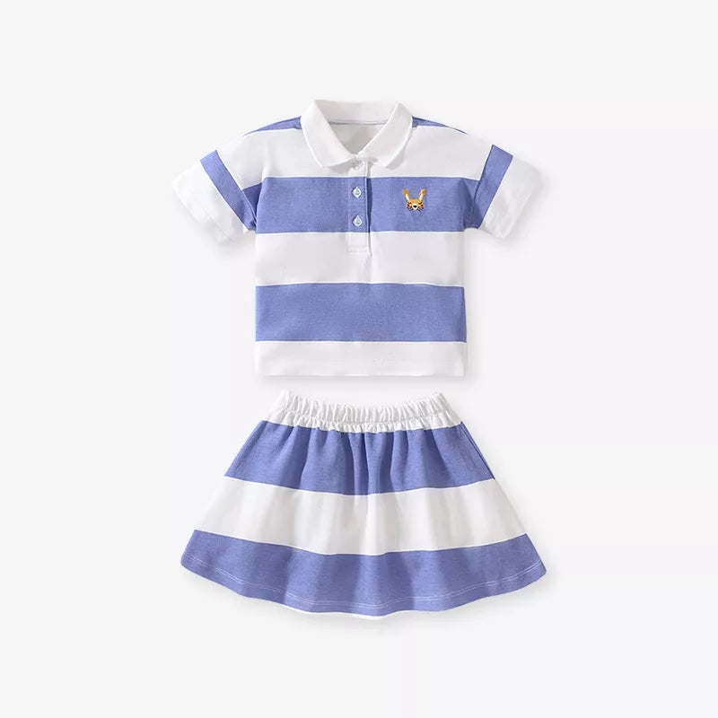 2 Pc Girls Stripe Polo Shirt & Skirt