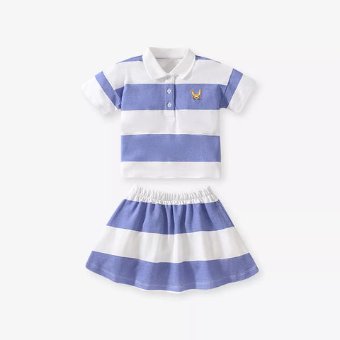 2 Pc Girls Stripe Polo Shirt & Skirt