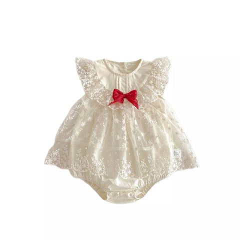 Baby Girl Romantic Lace Sheer Red Bow Dress
