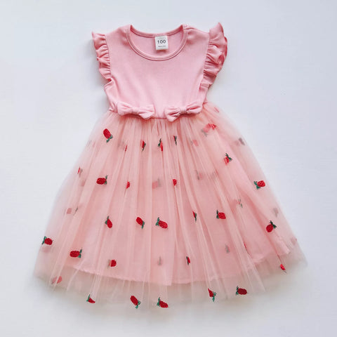 Girls Mesh Skirt Flower Ruffle Sleeve Dress