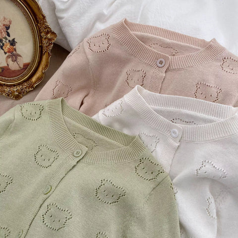 Baby Girl Pointelle Bear Thin Cardigan