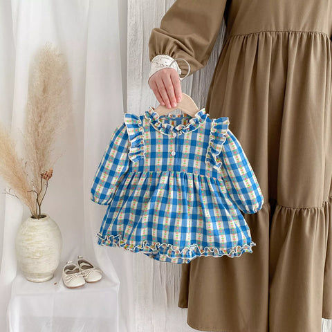 Baby Girl Blue Gingham Plaid Country Style Dress
