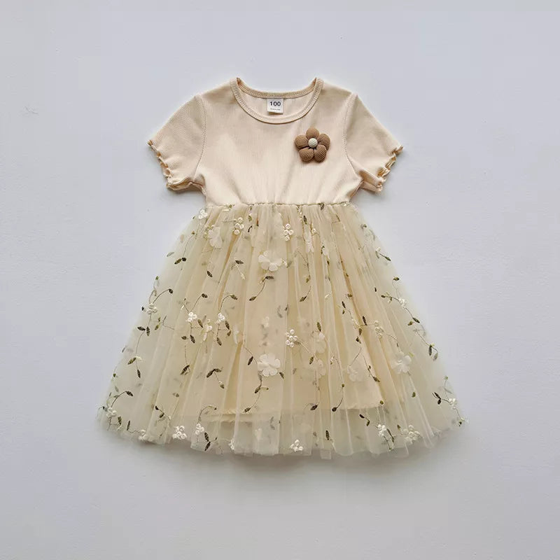 Girls Mesh Skirt Flower Tee Shirt Dress