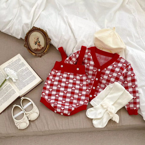 2 Pc Baby Girl Hearts Blocks Knit Cardigan & Bodysuit Set