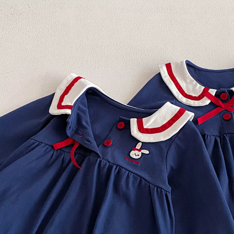 Baby Girls Bunny Ear Collar Color Block Ribbon Dress