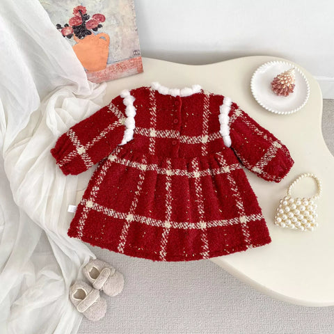Girls Winter Plaid Furry Trim Dress