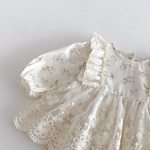 2 Pc Baby Girl Ditsy Lace Floral Dress with Bonnet