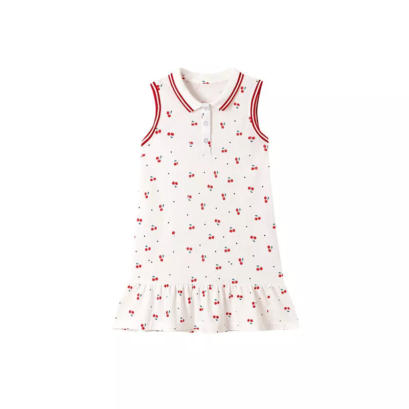 Girls Sleeveless Cherry Print Polo Dress