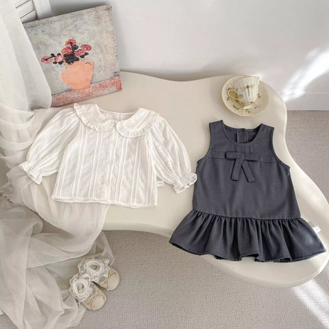 2 Pc Girls Ruffle Collar Shirt with Drop Waist Jumper Dress