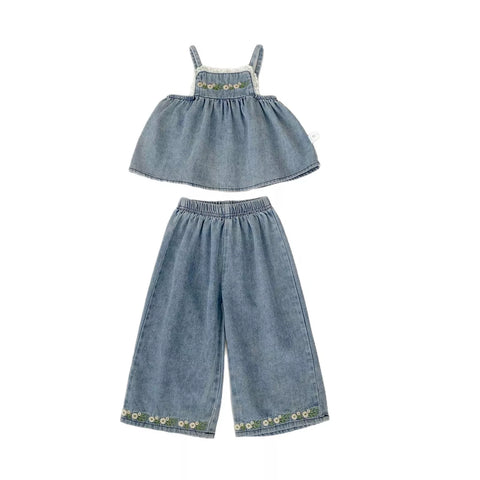 2 Pc Flower Embroidery Denim Top & Wide Leg Set