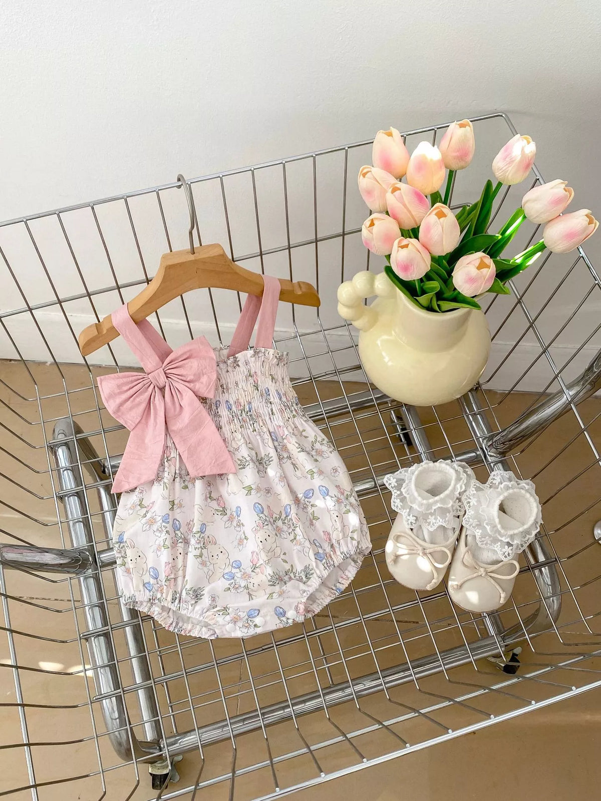 Baby Girl Spring Print Smocked Bow Bodysuit