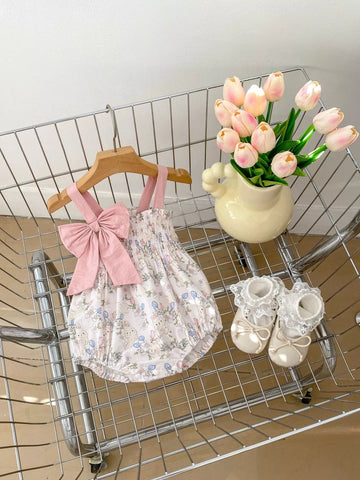 Baby Girl Spring Print Smocked Bow Bodysuit