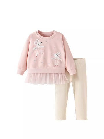 Girls Ballerina Mouse Tulle Hem Sweater w/ Leggings