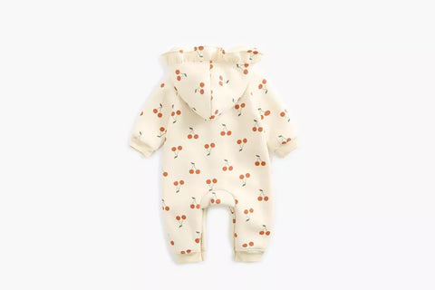Baby Girl Cherry Print Ruffle Hooded Romper