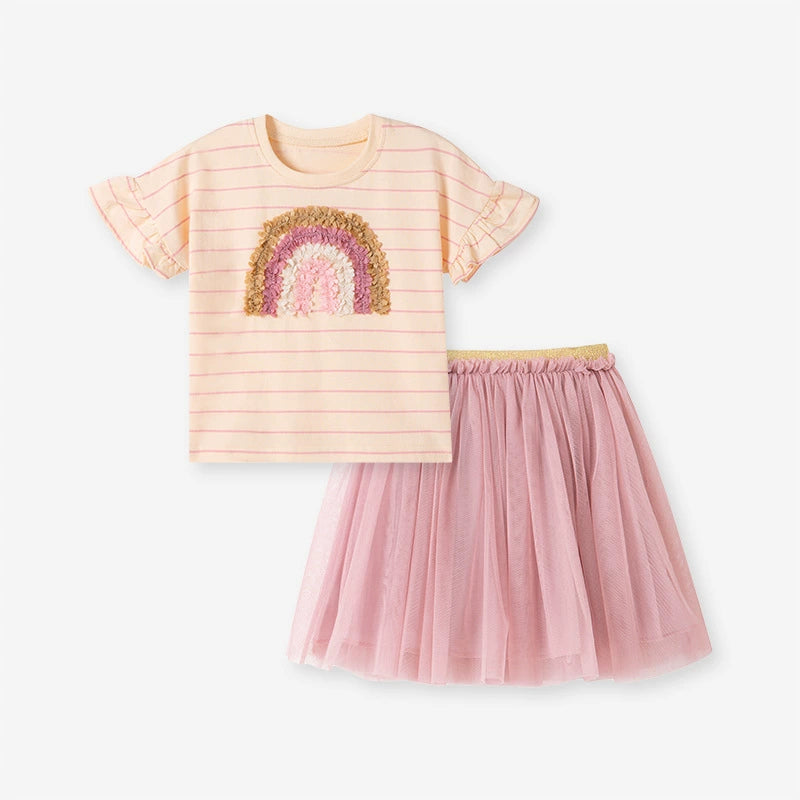 2 pcs Girls Rainbow Stripe Tee w/ Mesh Skirt