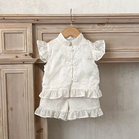 2 Pc Baby Girl Frog Button Mandarin Shirt & Shorts Set