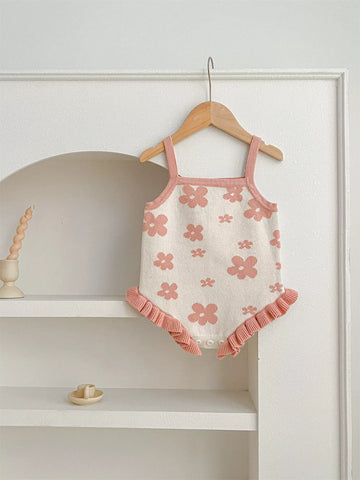 Baby Girl Flower Print Knit Ruffle Hem Bodysuit
