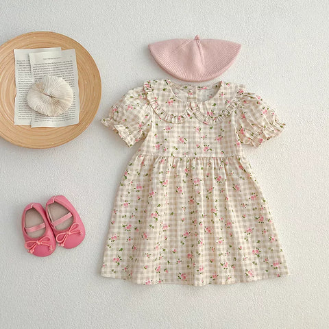 Girls Floral Peter Pan Flower Gingham Bodysuit Dress
