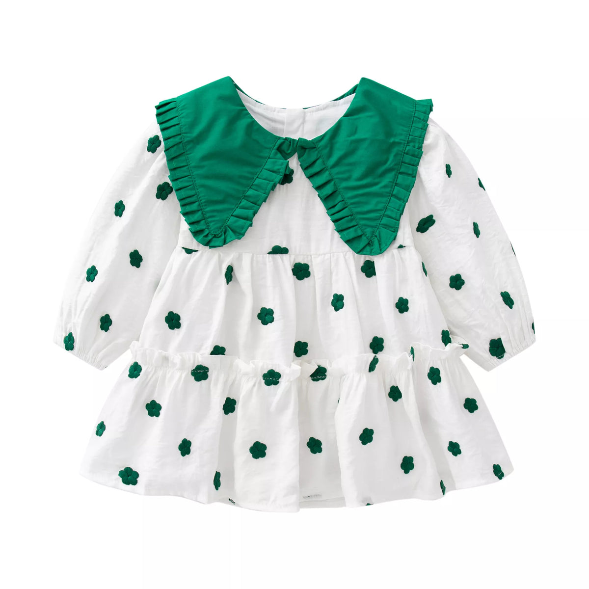 Girls V Collar Green Flower Ruffle Dress