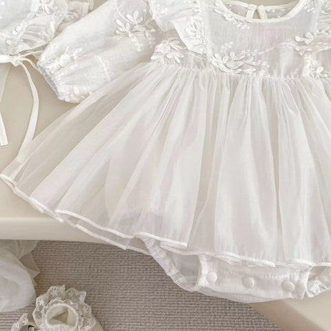 2 Pc Baby Girl Sheer Floral Dress with Bonnet