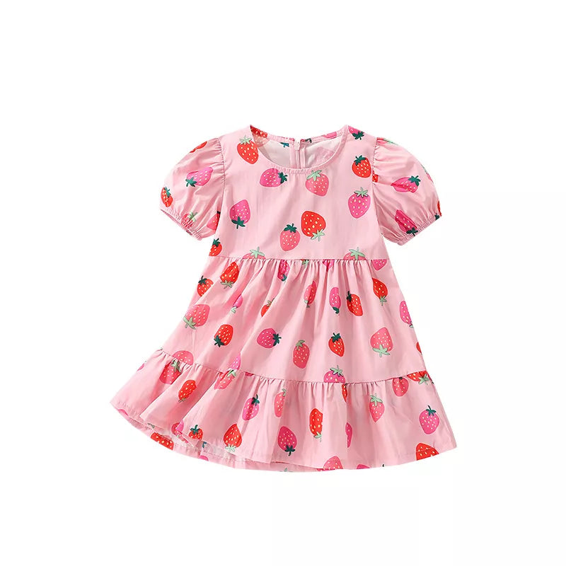 Girls Strawberry Print Tiered Dress