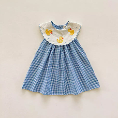 Girls Rubber Ducky Bib Gingham Dress
